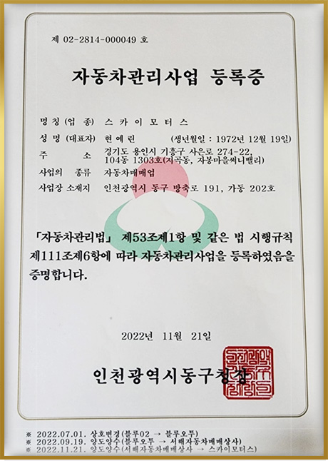 Skymotors Car Registration Certificate